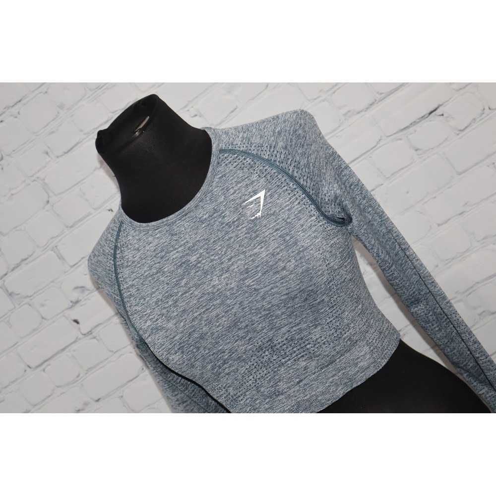 Gymshark Vital Seamless Crop Top Women Medium Blue Marl Long Sleeve Thumbholes